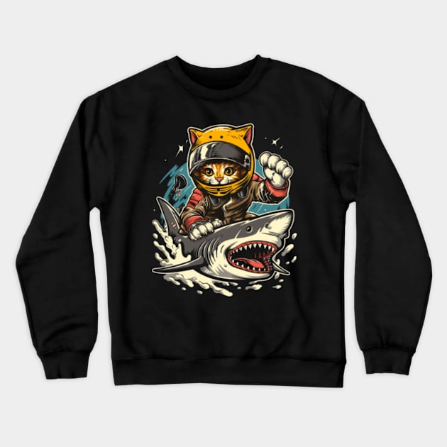 Cat Riding Shark Marine Exploration Crewneck Sweatshirt by Gianna Bautista Art